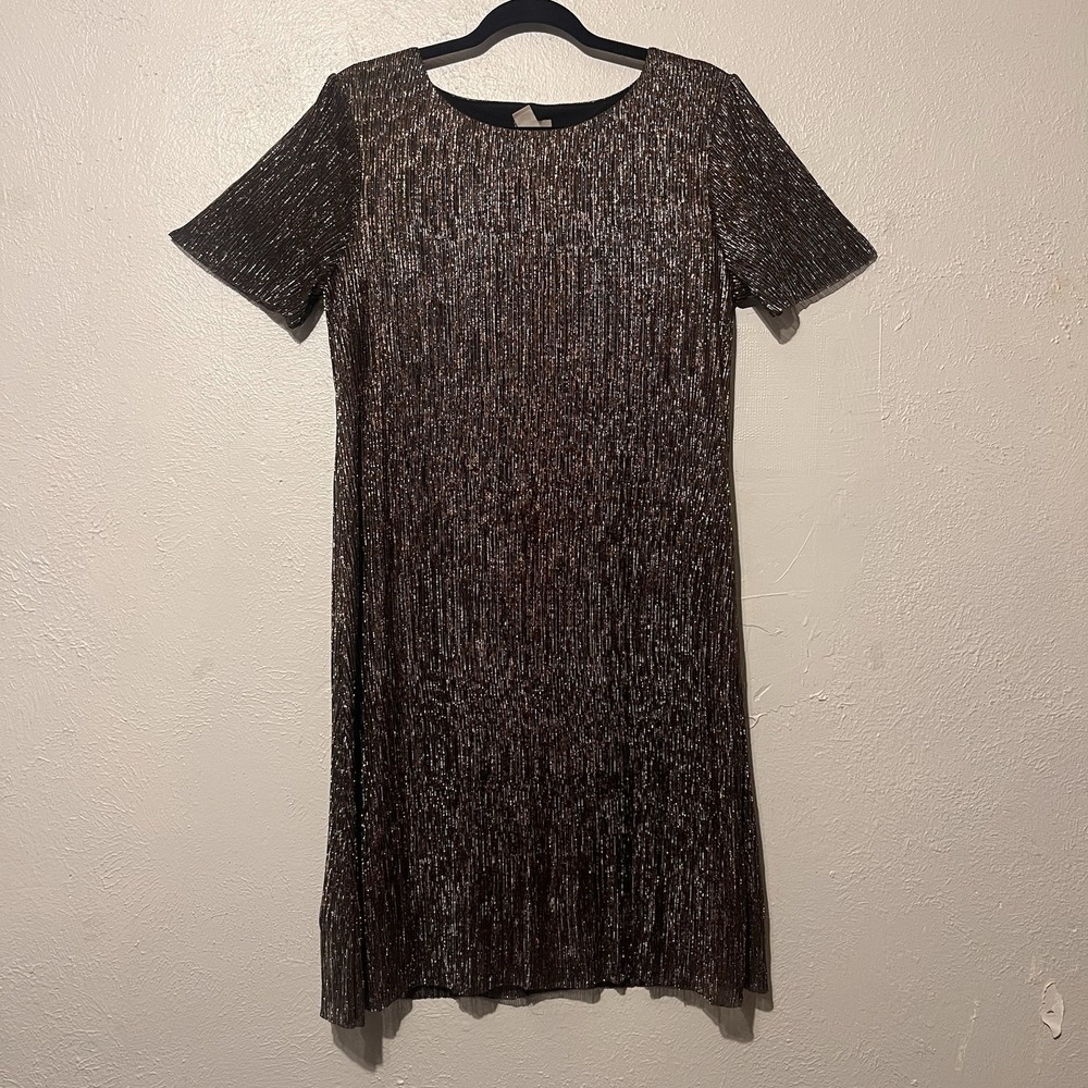 Chico's Shift Dress Womens Gold Black Metallic Shimmer Short Sleeve Size 1 M